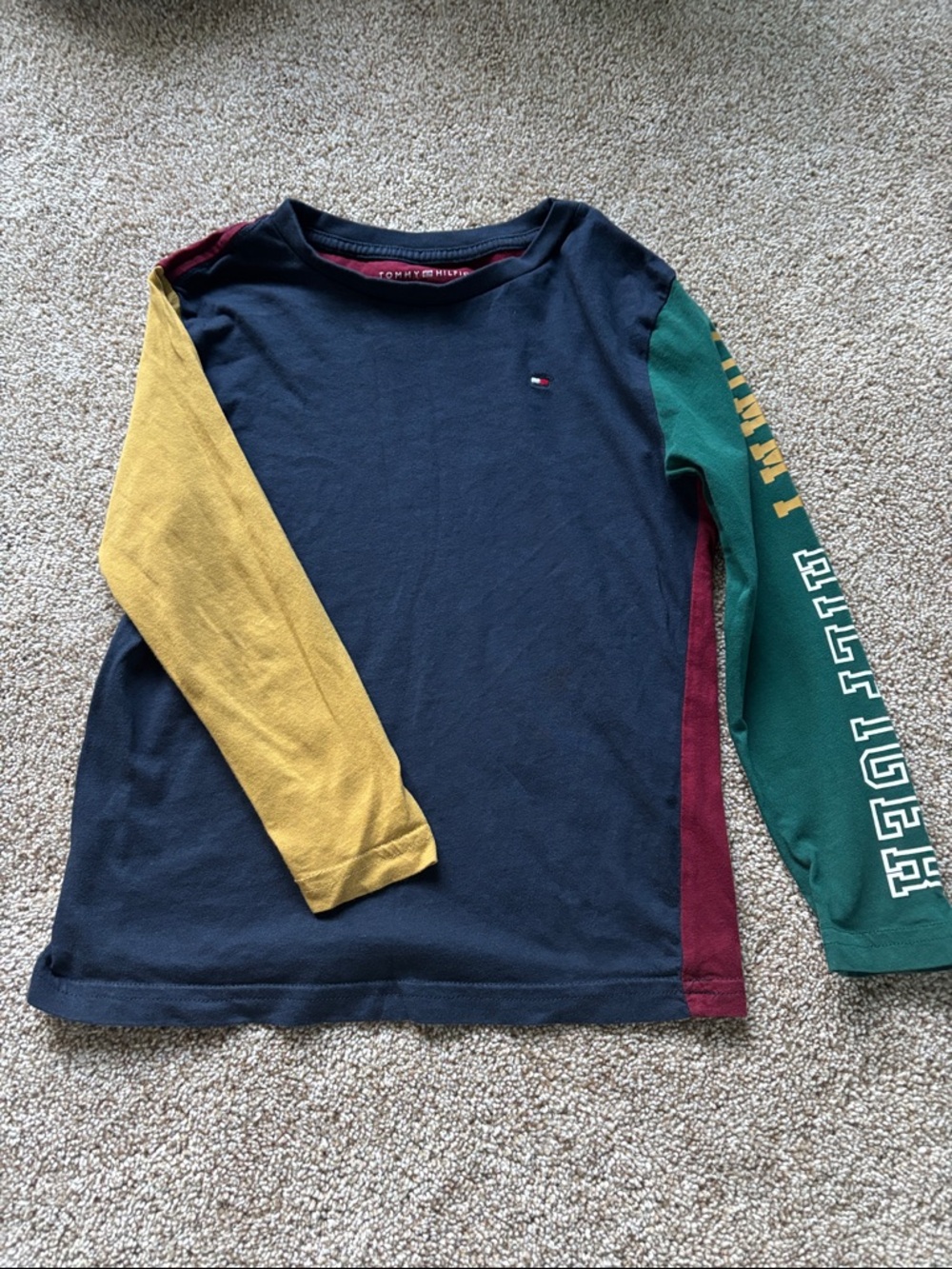 Tommy Hilfiger Navy Colorblock Long Sleeve Tee with Mustard & Green Sleeves